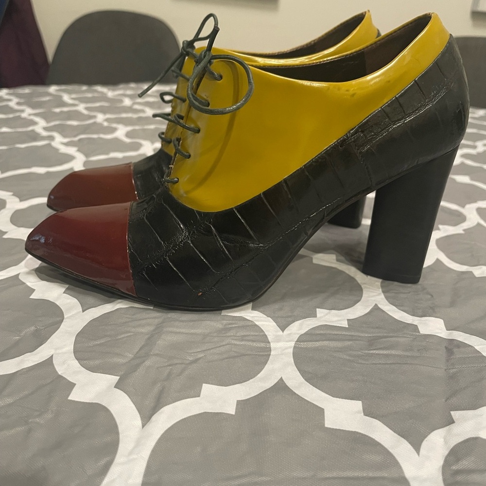 Por La Victiore Joelle Tricolor Block Oxford Heels Lace Up Preppy leather